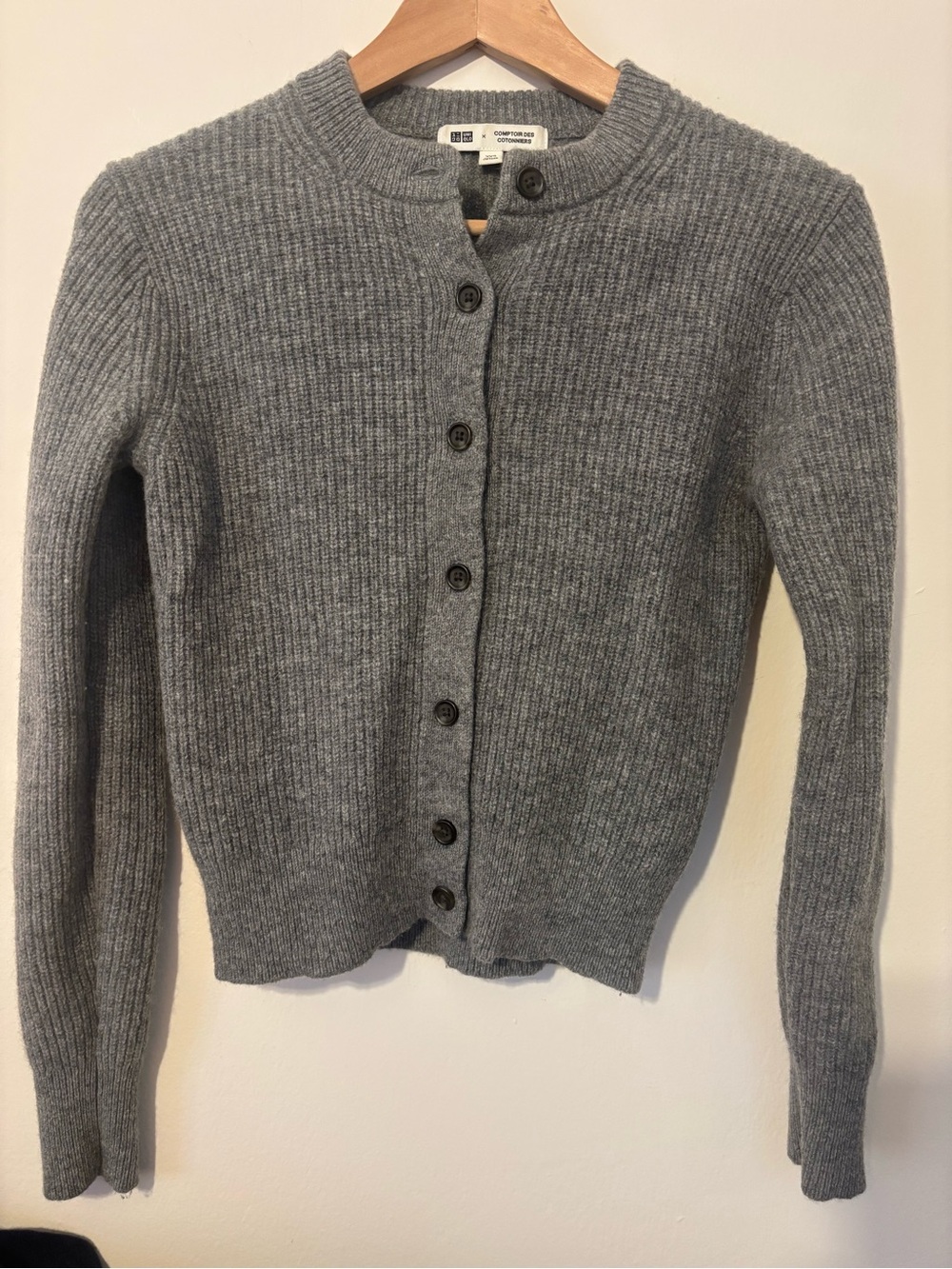 UNIQLO x Comptoir Des Cotonniers Gray Ribbed Button-Up 100% Wool Sweater